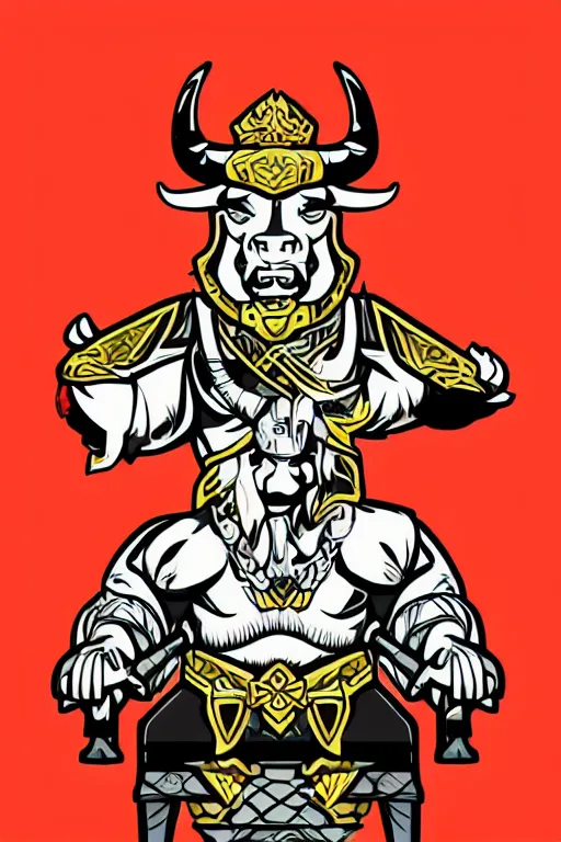 Image similar to A portrait of a bull as evil warlord general on skull throne, sticker, Anthropomorphized, portrait, highly detailed, colorful, illustration, smooth and clean vector curves, no jagged lines, vector art, smooth