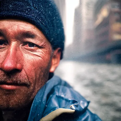 Prompt: closeup portrait of a man fishing in a rainy new york street, photography, natural light, Steve McCurry