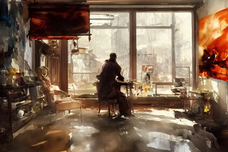 Prompt: paint brush strokes, abstract watercolor painting of western pharmacy, glass bottles, copper, backlit ambient light, dust, art by hans dahl, by jesper ejsing, art by anders zorn, wonderful masterpiece by greg rutkowski, cinematic light, american romanticism by greg manchess, creation by tyler edlin