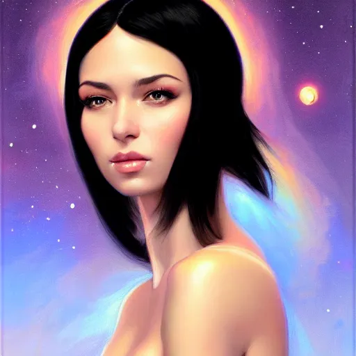 Image similar to a portrait of a very beautiful woman in a spacesuit, Alexandria\'s genesis, shoulder-length black hair, bored, illustration, soft lighting, soft details, painting oil on canvas by mark arian by artgerm, trending on artstation, 4k, 8k, HD