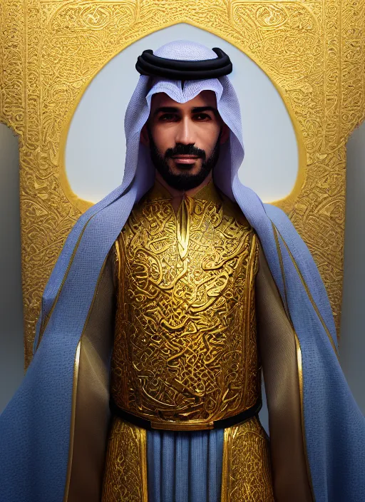 Image similar to portrait of sheikh ruler of dubai, dragon, head and torso only, cinematic lighting, studio quality, smooth render, unreal engine 5 rendered, octane rendered, art style by klimt and nixeu and ian sprigger and wlop and krenz cushart.