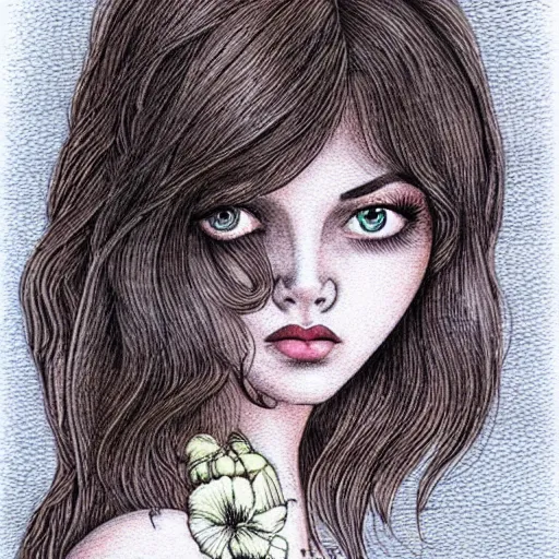 Prompt: beautiful pale brunette with giant soft dreamy eyes. Fine detailed colored ink drawing blotter art.