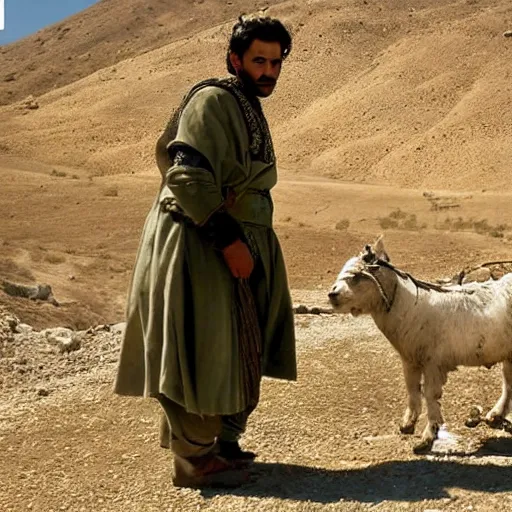 Prompt: Kurdish shepherd wearing Kurdish clothes in a movie directed by Christopher Nolan, movie still frame, promotional image, imax 70 mm footage