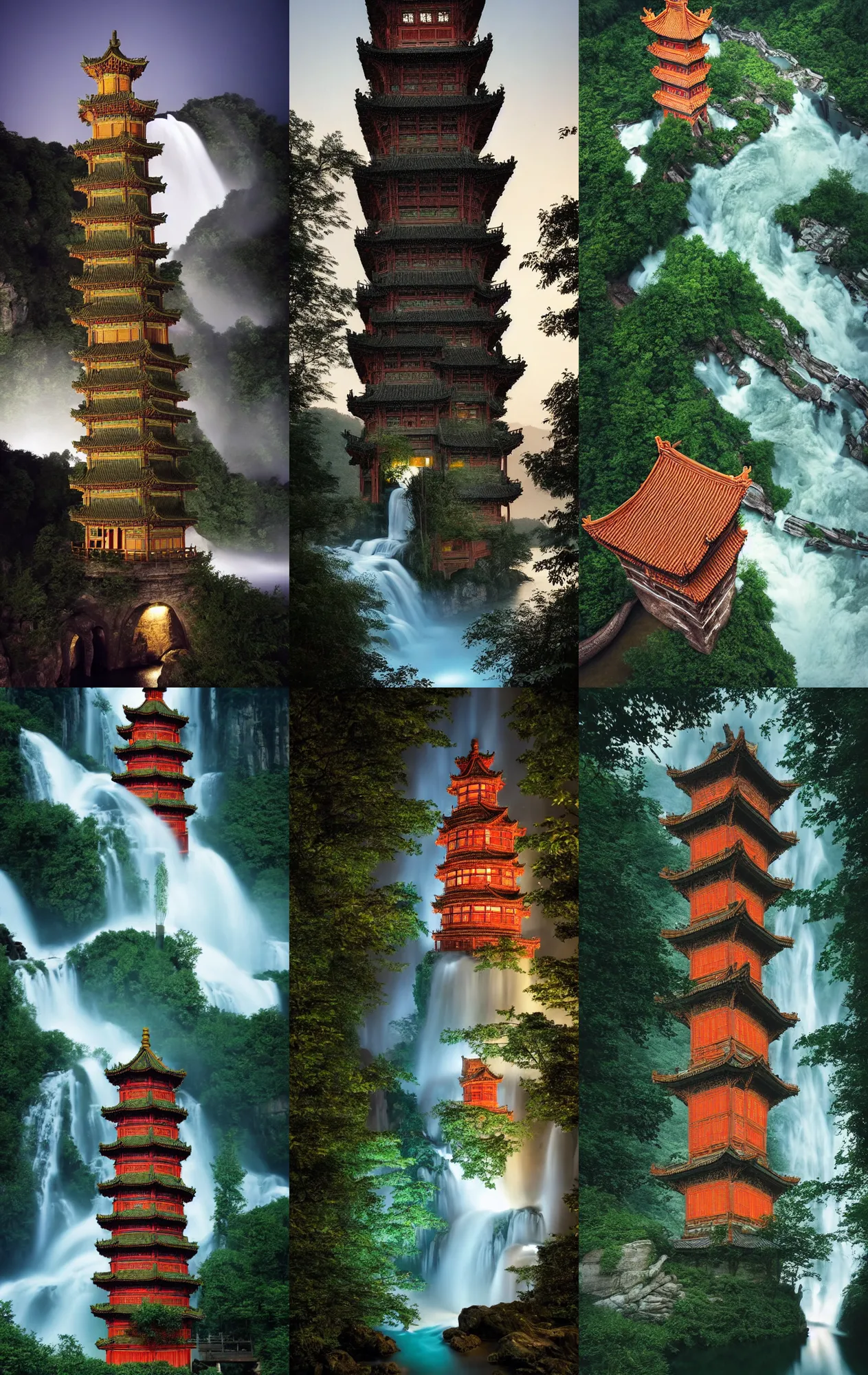 Prompt: kodak portra 4 0 0 photo of detailed ancien chines tower, with waterfalls and river, night, moonlight, trending on pinterest and artstation, wide angle, 3 5 mm, sharp focus, soft light, volumetric light, in the style of gregory crewdson, masterpiece