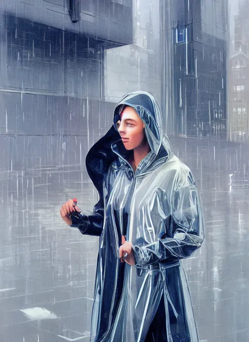 Prompt: a realistic portrait of a beautiful woman wearing a futuristic transparent raincoat with hoodie in a dystopian city, raining, by syd mead