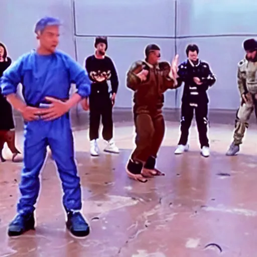 Image similar to film still of 'Future Force 2050' (1995). Scene where the spaceship crew compete in a break dancing contest.