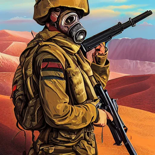 Prompt: portrait artwork of soldier wearing a gas mask holding ak-47. Desert background. Artwork by Dan Mumford, realistic cinematic lighting, ultra detailed, hyper realism