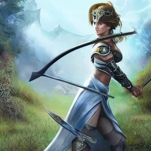 Prompt: beautiful female warrior with longsword in epic fantasy battle