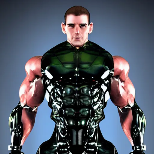 Image similar to a realistic detailed photo of a bodybuilder who is also a male android Chris Redfield, shiny skin, posing robotically, blank stare