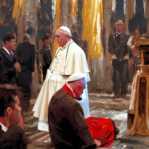 Prompt: pope kneeling in front of donald trump, detailed by greg manchess, craig mullins, bernie fuchs, walter everett