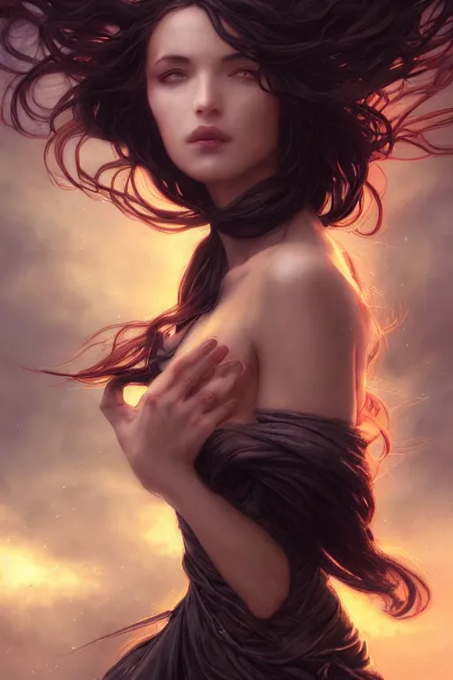 Image similar to seductive looking sorceress prays!!! magic the gathering, windy hair!, surreal dark fantasy, cinematic volumetric lights, portrait, dnd, intricate, elegant, highly detailed, digital painting, artstation, concept art, smooth, sharp focus, illustration, art by artgerm and tom bagshaw and greg rutkowski and alphonse mucha