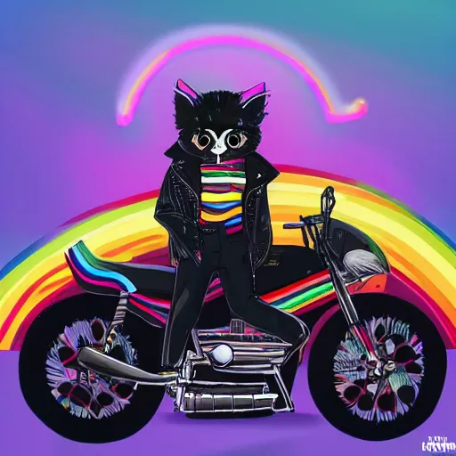 Image similar to wide angle full body, jacket wearing fluffy cute rainbow kitten wearing a black leather motorcycle jacket, cinematic concept art