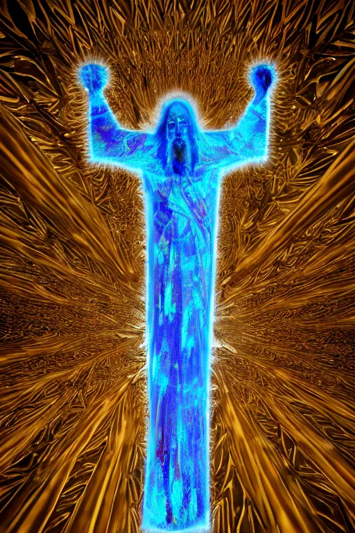 Image similar to a crystalline 3 d mandelbulb fractal in the shape of jesus christ on the cross, bioluminescent opal, fractal, magnificent lighting, ethereal, ray tracing, octane, holographic