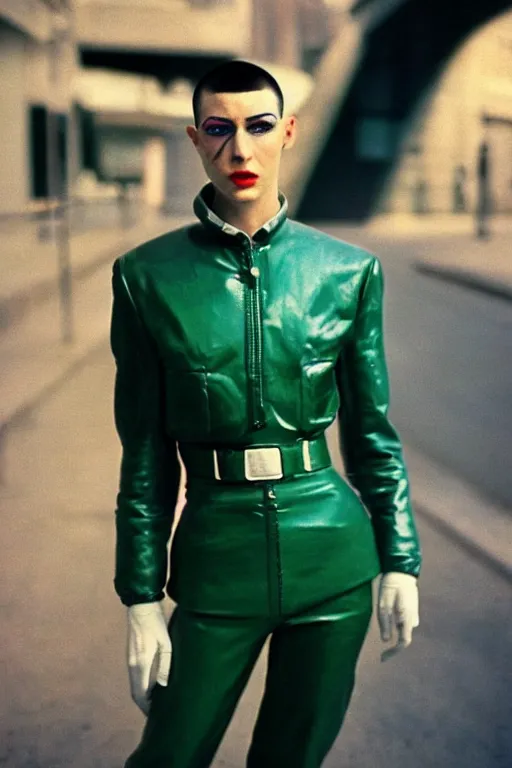 Prompt: ektachrome, 3 5 mm, highly detailed : incredibly realistic, demure, perfect features, buzz cut, beautiful three point perspective extreme closeup 3 / 4 portrait photo in style of chiaroscuro style 1 9 7 0 s frontiers in flight suit cosplay paris seinen manga street photography vogue italia fashion edition, steven meisel style