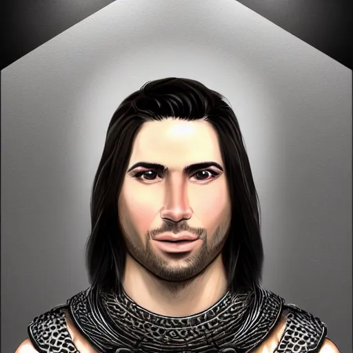 Image similar to portrait, 30 year old man, spanish, squared jaw :: athletic, angered, short dark hair :: chain mail, hauberk :: high detail, digital art, RPG, concept art, illustration