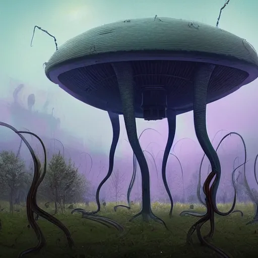 Image similar to giant eldritch horror, simon stalenhag, war of the worlds, forest