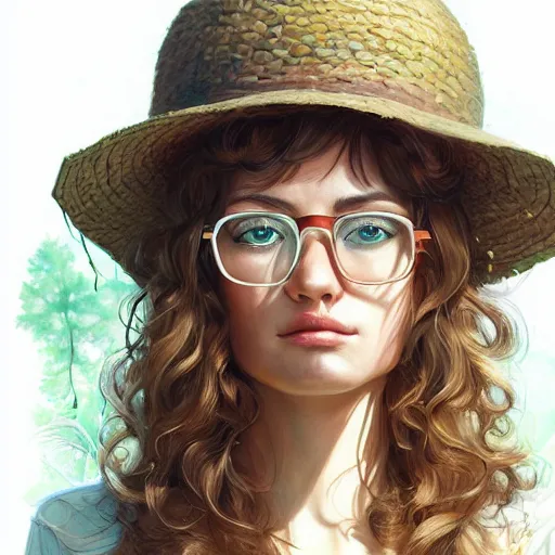 Prompt: woman, hannah dodd, portrait, highly detailed, digital painting, artstation, summer forest background, concept art, sharp focus, illustration, overalls, straw hat, glasses, long curly brown hair, art by artgerm and greg rutkowski and magali villeneuve