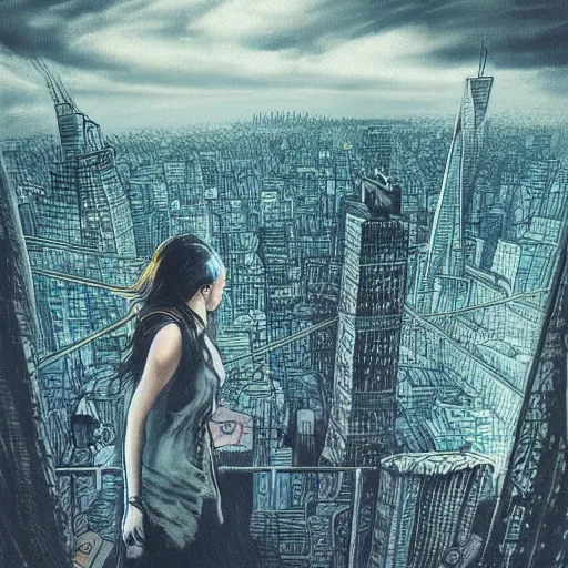 Prompt: “ a girl looking down at a futuristic new york city below, ghostpunk, fog, storm clouds, rain, detailed face, by james jean ”