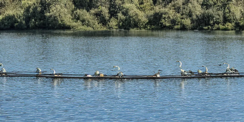 Prompt: rowing herons in a still from Vertigo