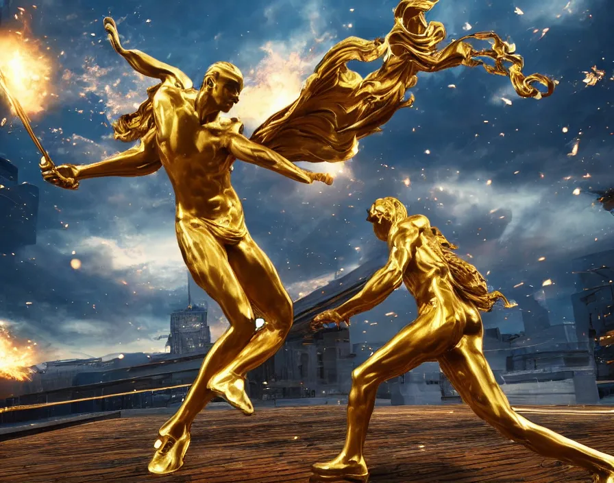 Image similar to golden statue of kid with giant first hitting a supercar, beautiful texture, beautiful graphics, fantasy artwork, very beautiful scenery, hd, hdr, ue 5, ue 6, unreal engine 5, cinematic 4 k wallpaper, 8 k, ultra detailed