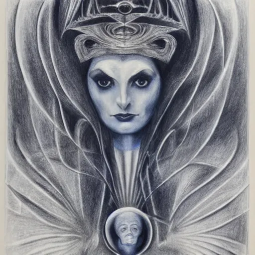 Image similar to Norma Desmond, pencil drawing. El Greco, Remedios Varo, Salvador Dali, Carl Gustav Carus, John Atkinson Grimshaw. Blue tint. Symetrical, logo, geometric shapes.