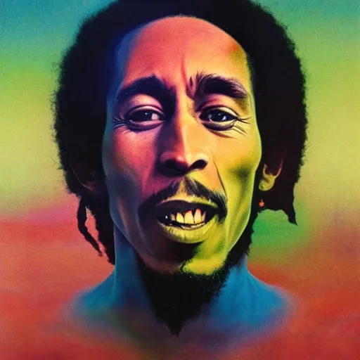 Image similar to colour masterpiece surreal closeup portrait photography bob marley by miho hirano and annie leibovitz and michael cheval, psychedelic smoke background by kilian eng and roger dean and salvador dali and beksinski, 8 k