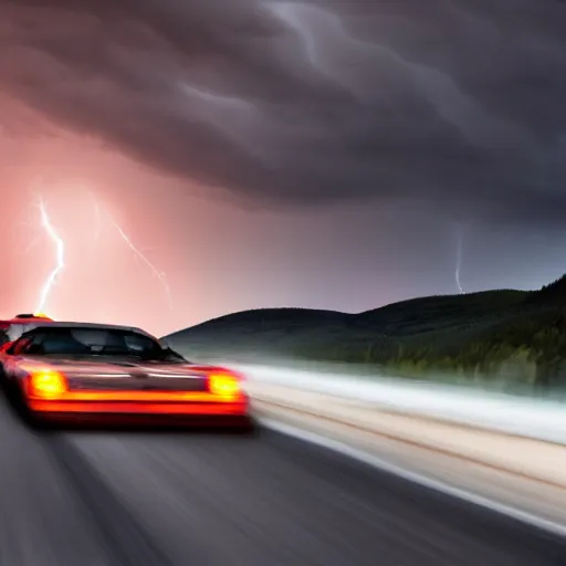 Prompt: nightmarish creatures rushing towards black pontiac firebird trans - am driving towards the camera, norway mountains, valley, large lake, dynamic, cinematic, motionblur, volumetric lighting, wide shot, low angle, red glow in sky, large lightning storm, thunder storm