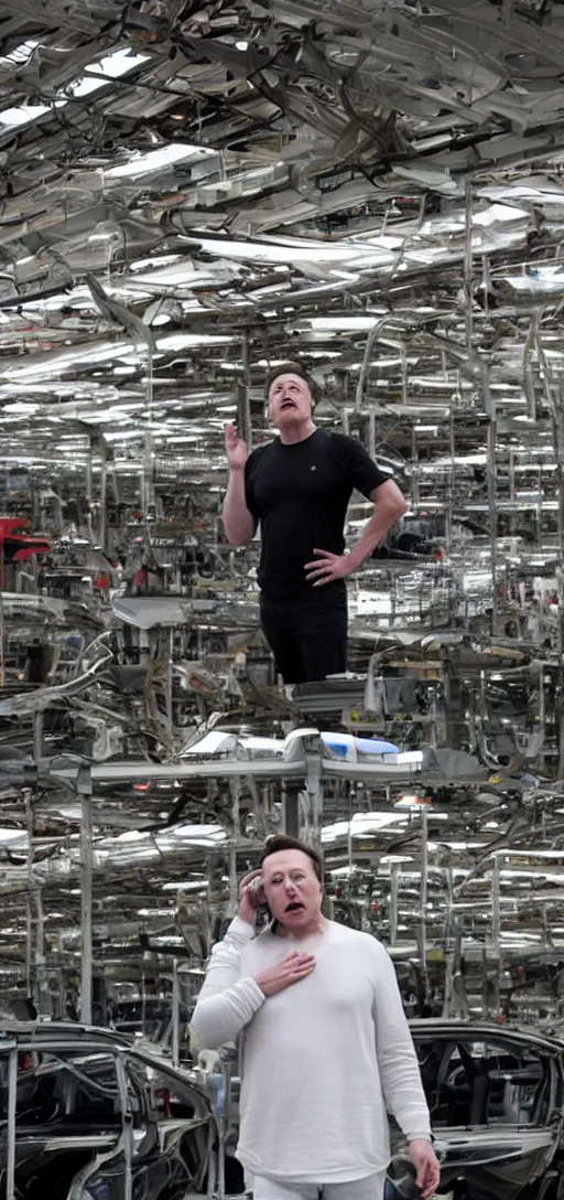 Image similar to elon musk crying while standing in a ruined tesla factory