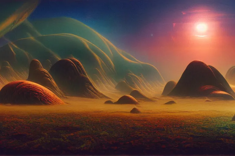 Prompt: strange breathtaking fertile alien landscape, matte painting by david a. hardy, surreal, vivid colors, 4 k, volumetric lighting, photorealistic