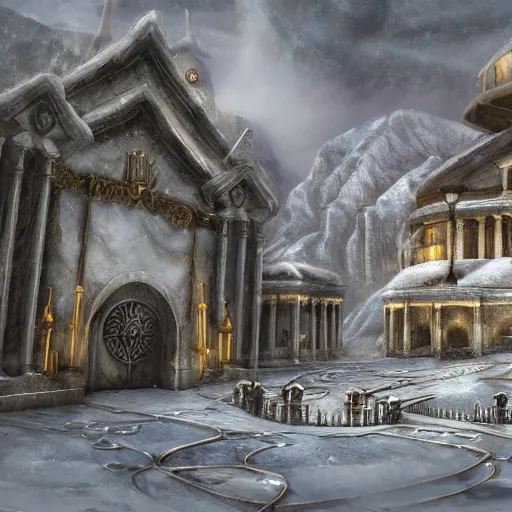 Image similar to fantasy concept art, marble city covered in snow, Greco style, mountains, labyrinth, high detail, 8k