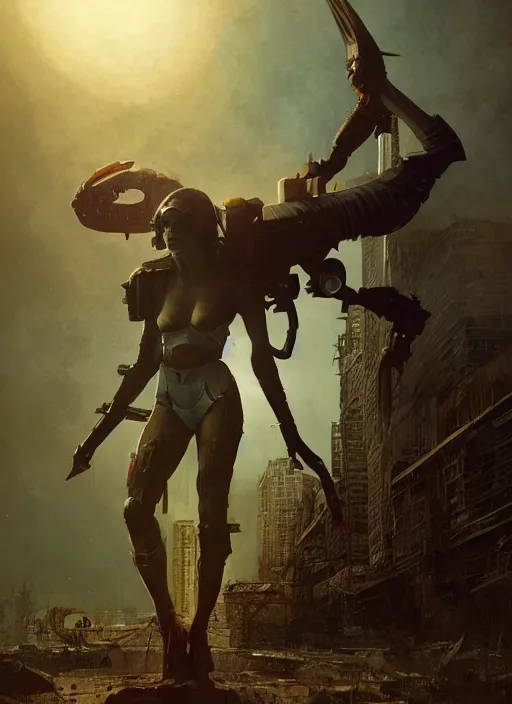 Image similar to hyper realistic photo of prehistoric cyberpunk milla jovovich, full body, rule of thirds, conceptart, saturated colors, cinematic, greg rutkowski, brom, james gurney, mignola, craig mullins, artstation, cgsociety