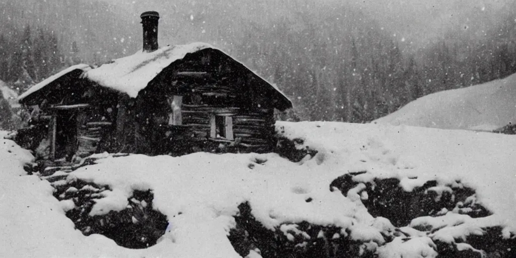 Prompt: 1 9 2 0 s photography of hut in the alps being submerged in snow, krampus hay monster crawling out of it