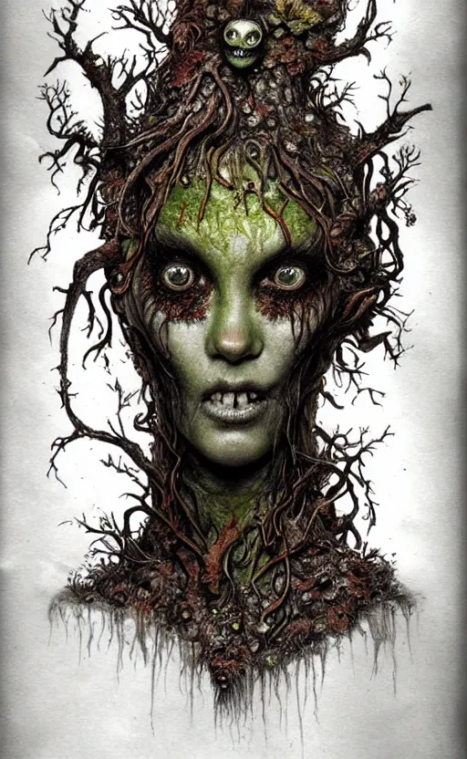 Image similar to rotten tree spirit dryad with a beautiful face and flaming mouth and eyes, mushrooms, fungi, lichen, sketch lines, graphite texture, old parchment, guillermo del toro concept art, justin gerard monsters, intricate ink illustration