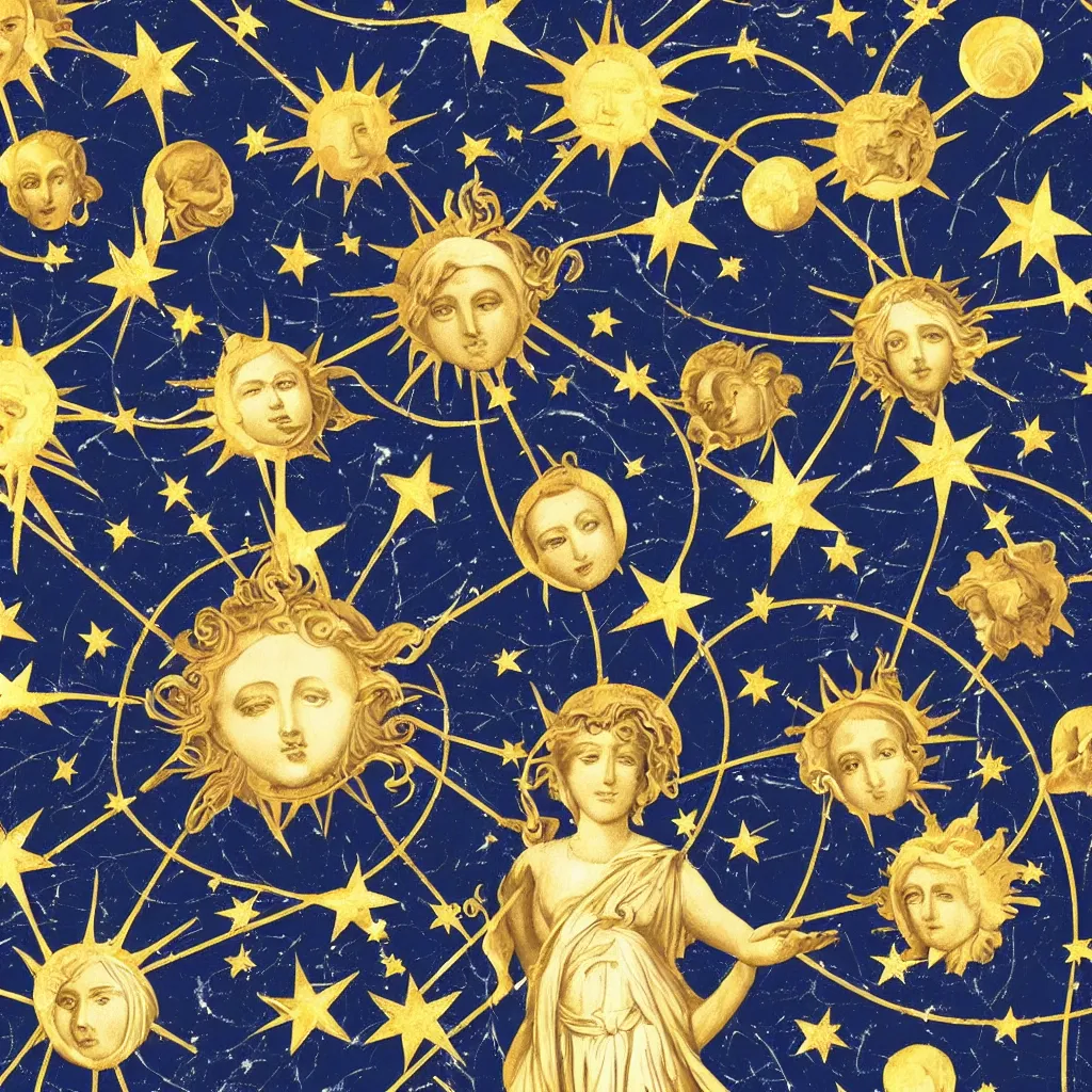 Prompt: saint Woman, Venus, Athena, beautiful, gracious, baroque marble and gold in space, sistina, stars, sun, clouds