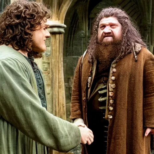 Image similar to frodo baggins meeting hagrid in hogwarts