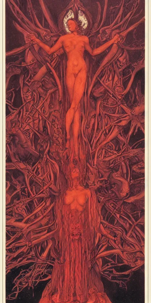 Prompt: the red goddess tarot card by wayne barlowe and austin osman spare