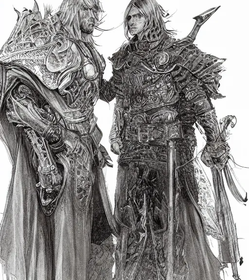 Image similar to portrait of long hair blond man in armor with another man with long blong hair tyed up with black robes, pen and ink, intricate line drawings, by craig mullins, ruan jia, kentaro miura, greg rutkowski, loundraw