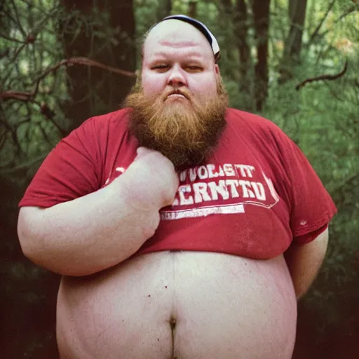 Image similar to obese redneck man with long beard wearing dirty and tattered harvard shirt, kodak gold 2 0 0,
