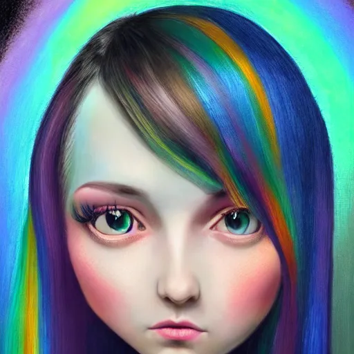 Image similar to an intelligent beautiful young girl with rainbow hair looking at the camera, she has a cute face, intricate, elegant, highly detailed, digital painting, artstation, concept art, smooth, sharp focus, illustration, art by mark ryden and lucian freud 3 d 8 k ultra detailed