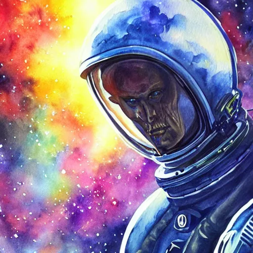 Image similar to alien extraterrestrial englishman in space. watercolor. dramatic. amazing painting. formal. beautiful. high resolution. highly realistic. close - up. trending on artstation