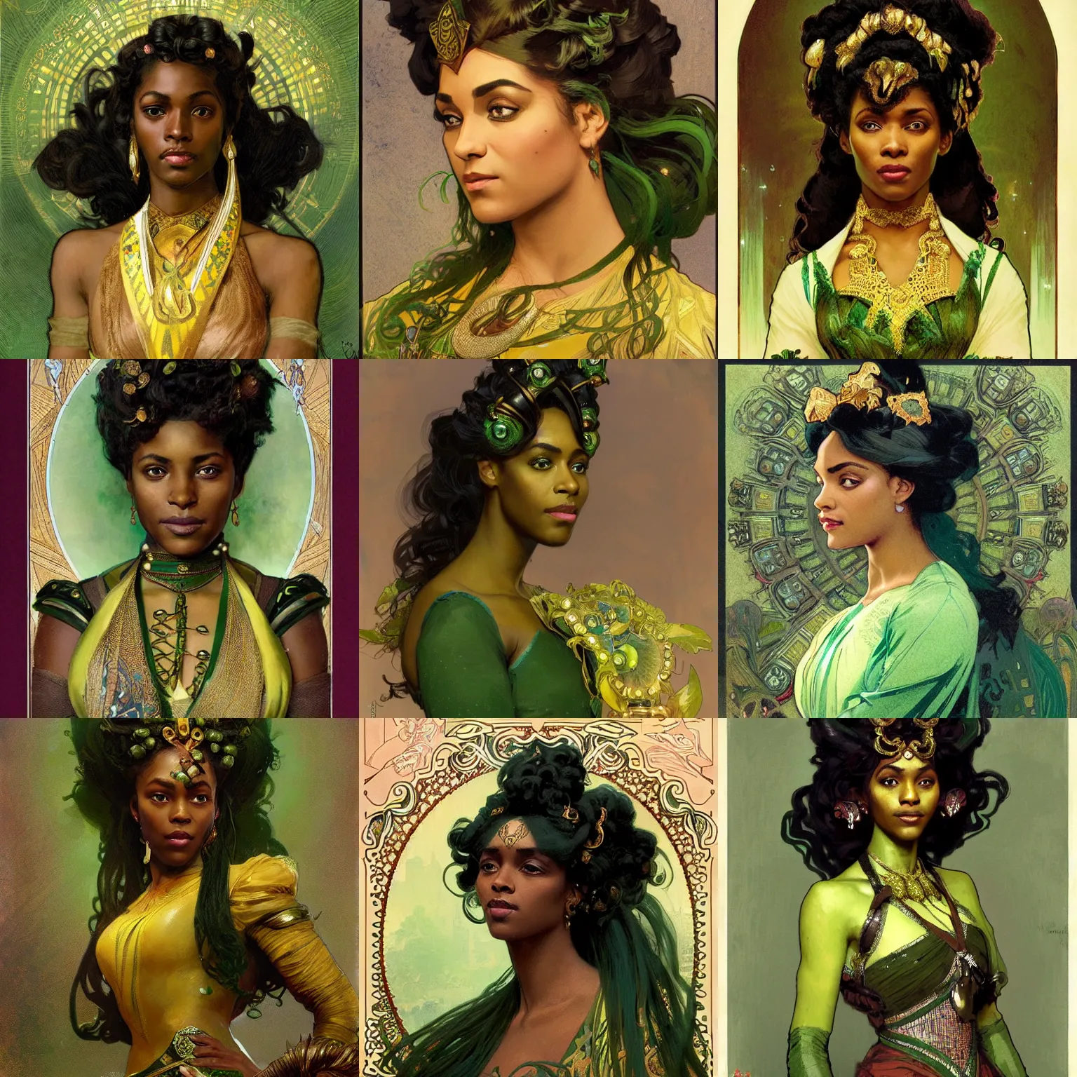 Prompt: a duchess from !Nubia, dark skin, wearing elaborate green and gold, updo hair, charismatic, warm friendly face, half-body shot, fantasy character portrait by Alphonse Mucha, Greg Rutkowski, Craig Mullins, Gaston Bussiere