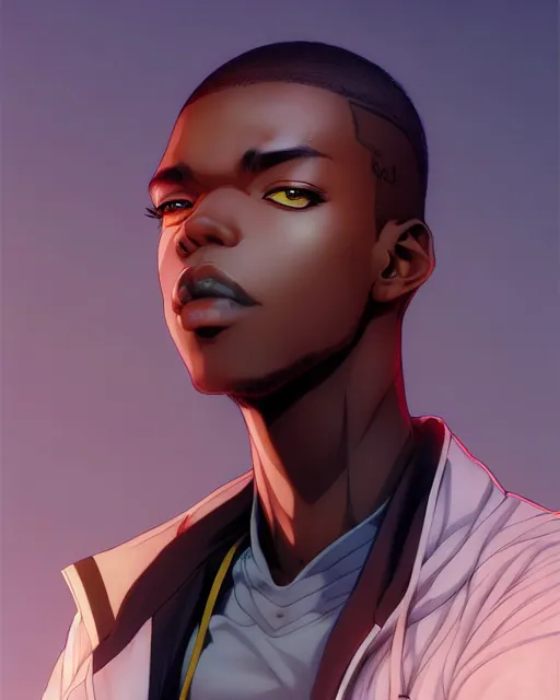 Prompt: handsome hip hop young black man, model pose, confident, anime style, scenery wallpaper aesthetic, pastel colors, symmetrical face, cinematic, dramatic, super detailed and intricate, hyper realistic, 4 k render, by artgerm, by kyoung hwan kim, by ralph mcquarrie, by yoshiyuki tomino