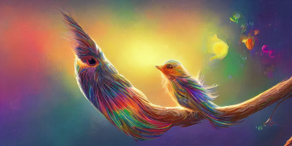 Prompt: baby bird, sunrise, pot of gold, rainbow, sci-fi, fantasy, intricate, very very beautiful, elegant, highly detailed, digital painting, artstation, concept art, smooth, sharp focus, illustration