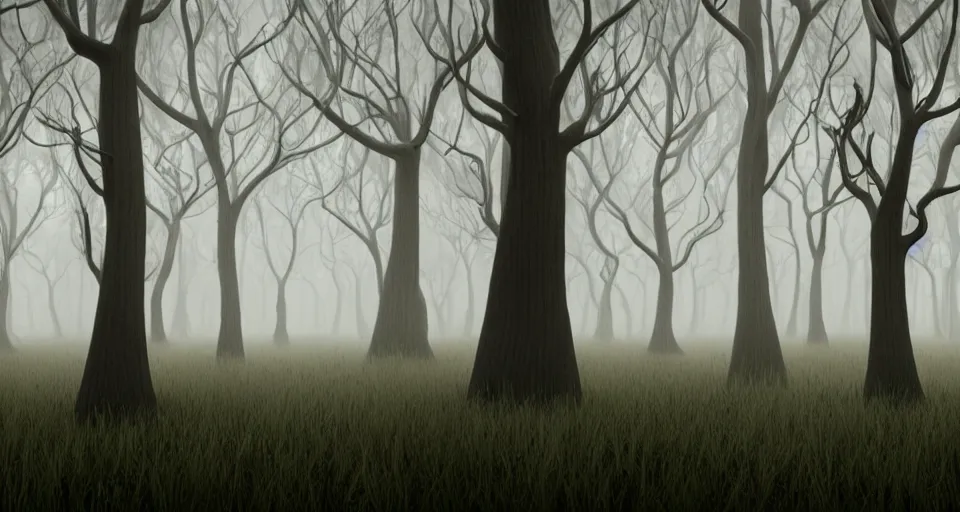 Prompt: a 3d render of a creepy foggy forest with twisted trees, by pixar and tim burton