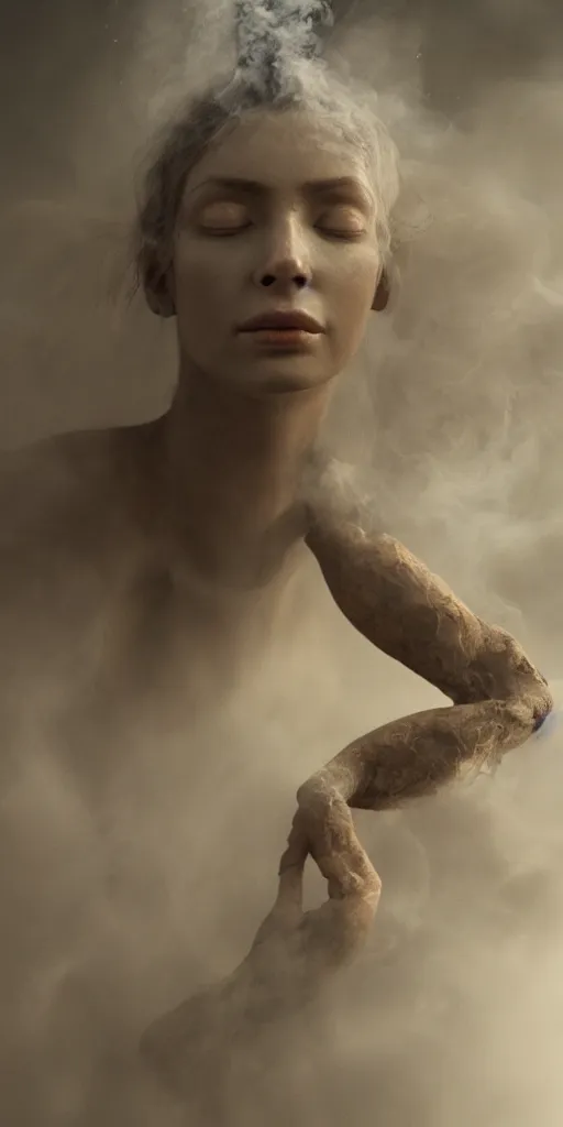 Image similar to a goddess with many arms obscured by whisps of smoke and dust particles, highly detailed, hyperrealism, octane render