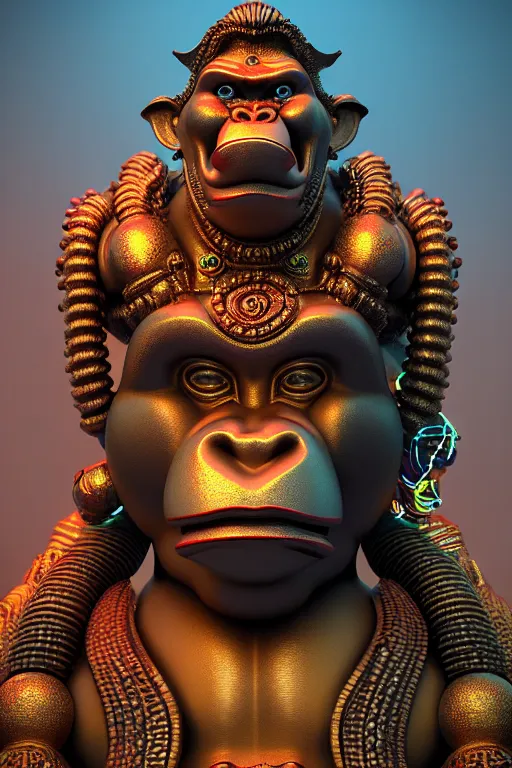 Image similar to high quality 3 d render post - rococo cyberpunk hanuman! head building, neon madhubani, open mouth, highly detailed, in sci - fi new delhi, cinematic smooth unreal engine, lee madgwick & liam wong, dramatic light, low angle, uhd 8 k, sharp focus