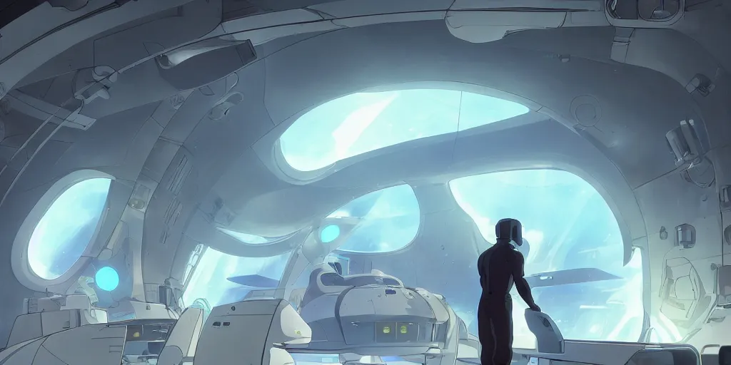 Image similar to interior of futuristic craft, mechanical, sci-fi walls, light fog, guy in a cyber-suit looking out the door at a giant planet, anime style of Studio Trigger, by Makoto Shinkai, Studio Ghibli, Miyazaki, artstation,