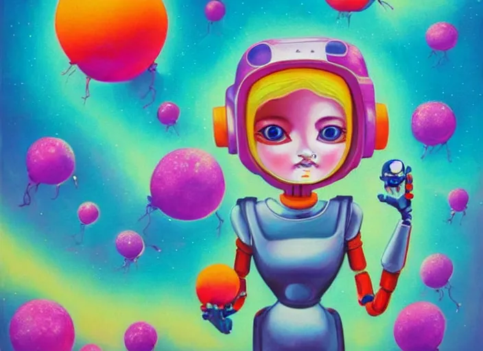 Image similar to a cute robot girl holds the world in her hand, an ultrafine detailed painting by lisa frank, trending on deviantart, pop surrealism, whimsical, lowbrow, colorful