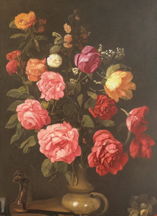 Prompt: detailed dutch still life painting of flowers and roses, sharp focus, dark background