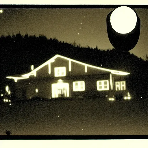 Prompt: ufo hovering over a farmhouse at night shot on instant camera 1 9 8 9